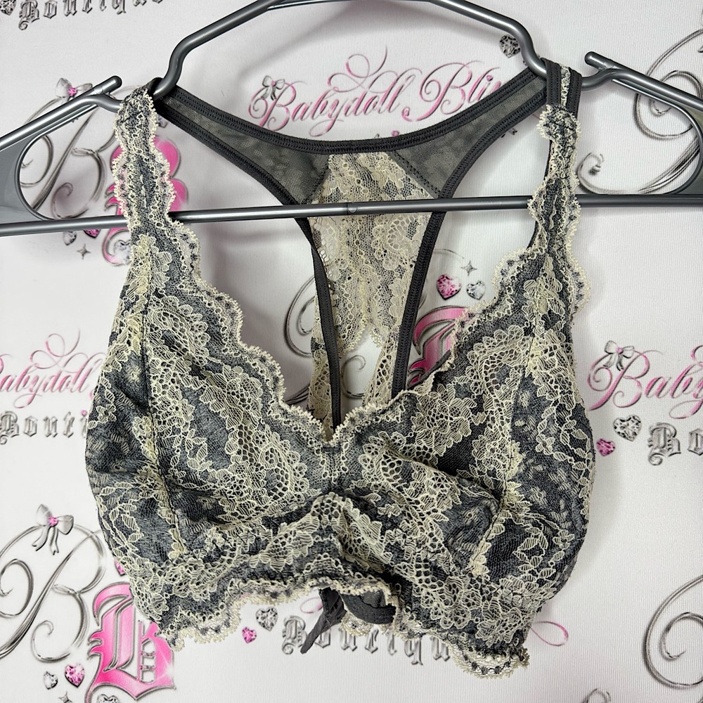 Black bow bra bralette grey cream white lace floral open criss cross back sexy